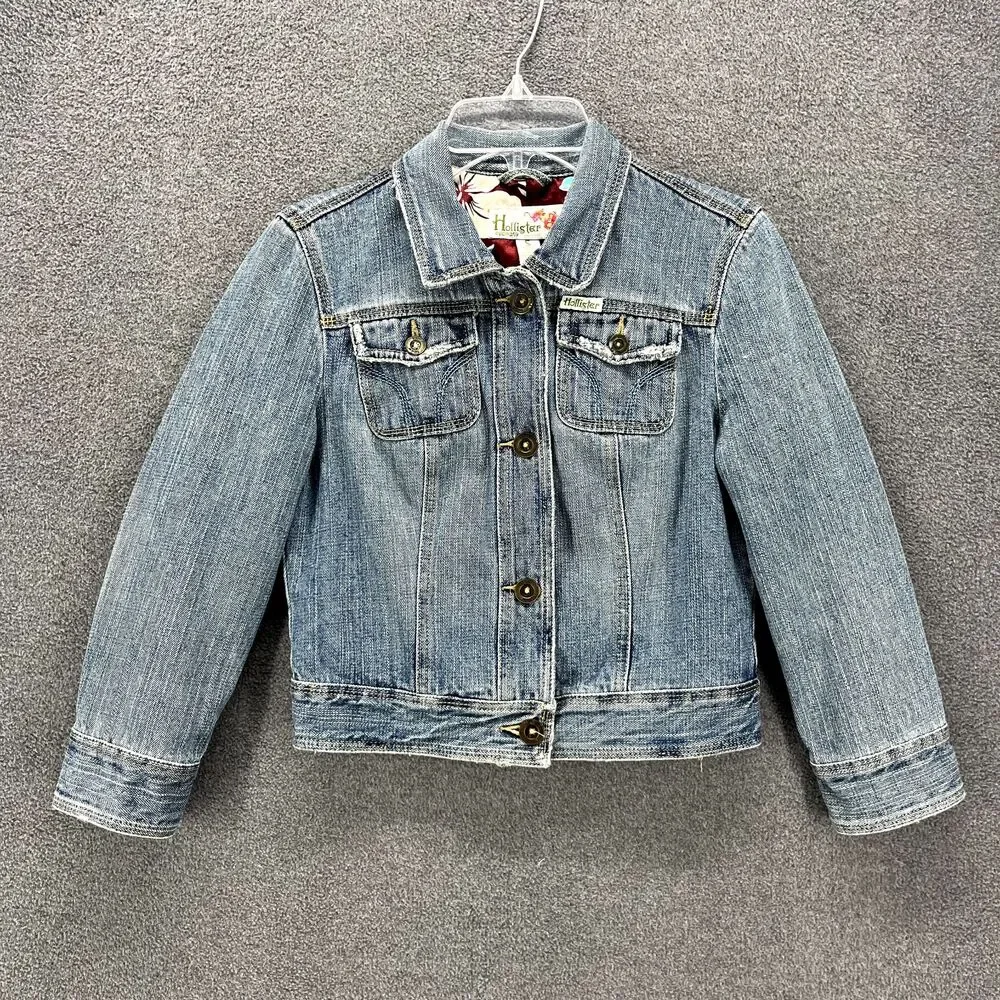 HOLLISTER CO‎ Denim Jacket Girls Juniors Small distressed Tropical lined
